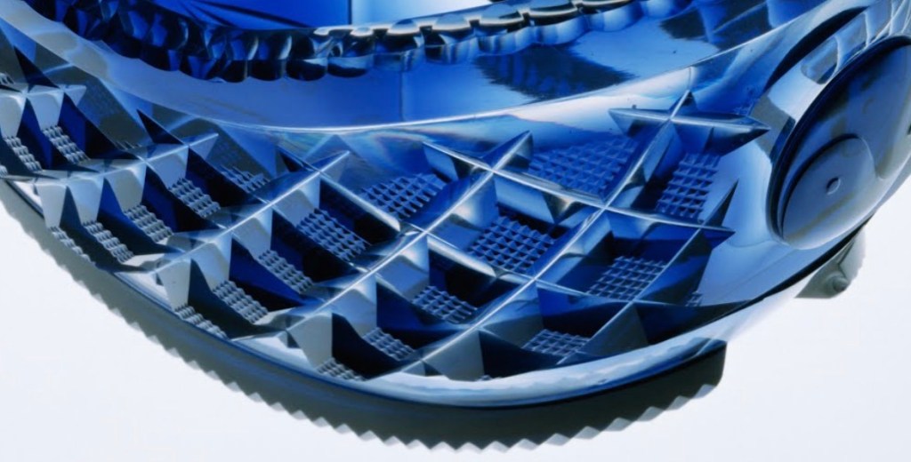 Close-up of cut glass technique. Boat-shaped Satsuma-kiriko bowl with indigo-blue overlay